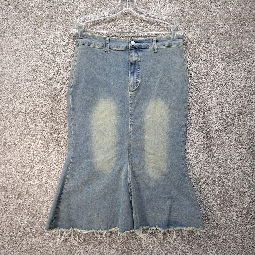 SHEIN Curve Women 1XL Blue Mermaid Denim Maxi Skirt Frayed Hem Stretch 7108